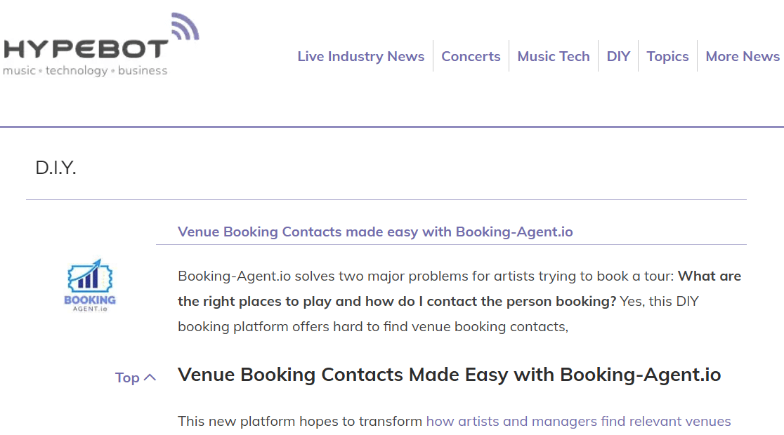 Hypebot feature on BookingAgent.io